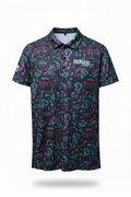 Patterned polo shirt with 'Reckless' branding on a white background