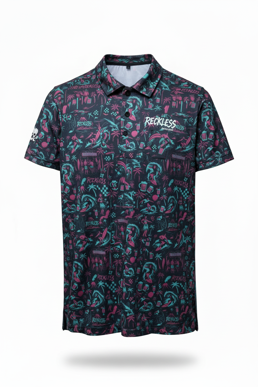 Patterned polo shirt with 'Reckless' branding on a white background