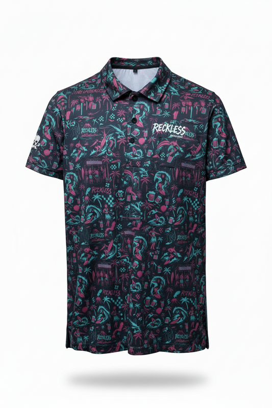 Patterned polo shirt with 'Reckless' branding on a white background